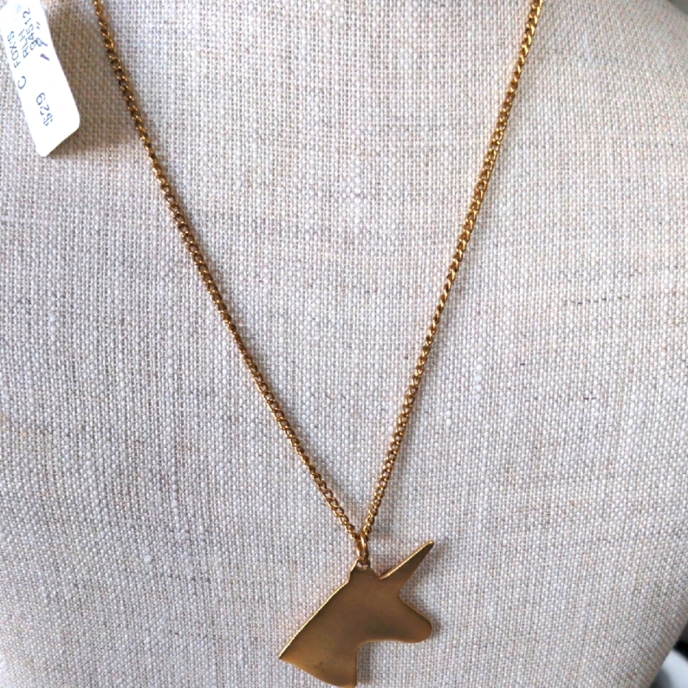 Gold Unicorn Pendant Necklace, platinum plated, 19" long, Good Luck, Boxed